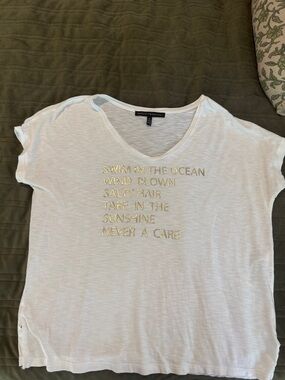 White House Black Market White Short Sleeve Tee with Gold Embroidered Text